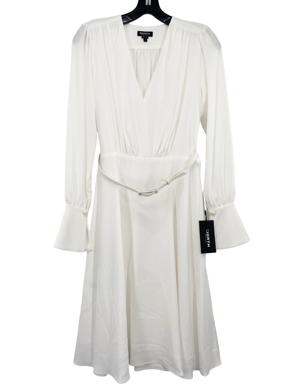 Worth New York Optic White V-Neck Midi Dress Long Sleeve Belted Size 2 New